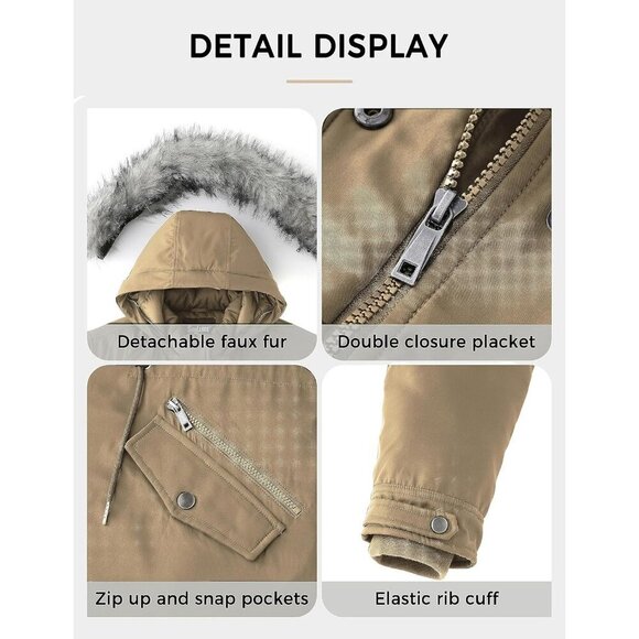 Women's Winter Khaki Faux Fur Hood Jacket Coat Zip Up Flap Pockets Designed - Picture 4 of 6